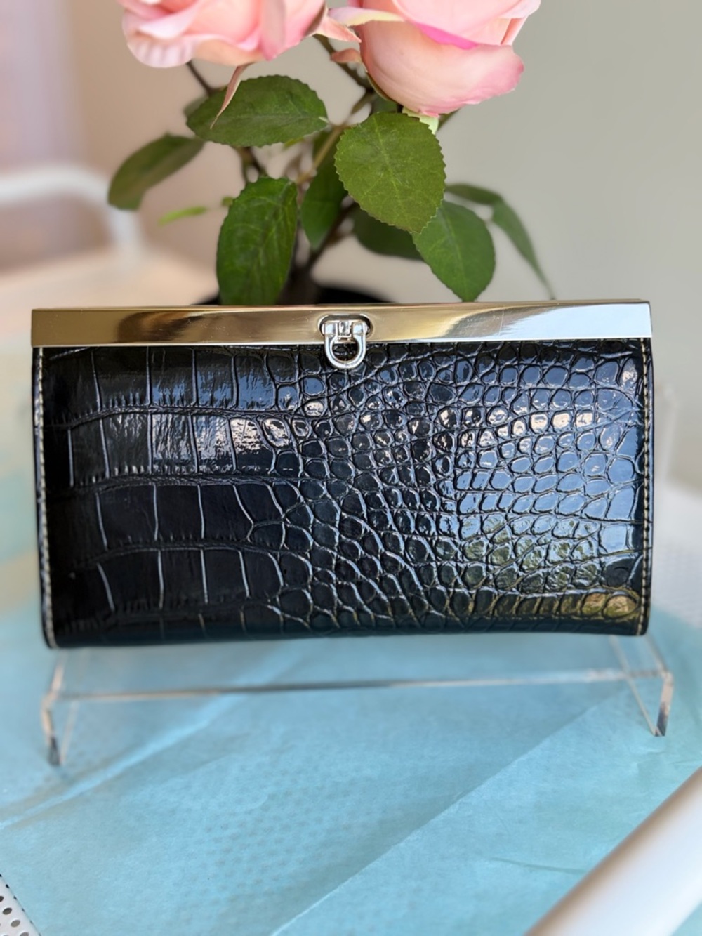 Black Croc-Embossed Frame Clutch with Silver Hardware